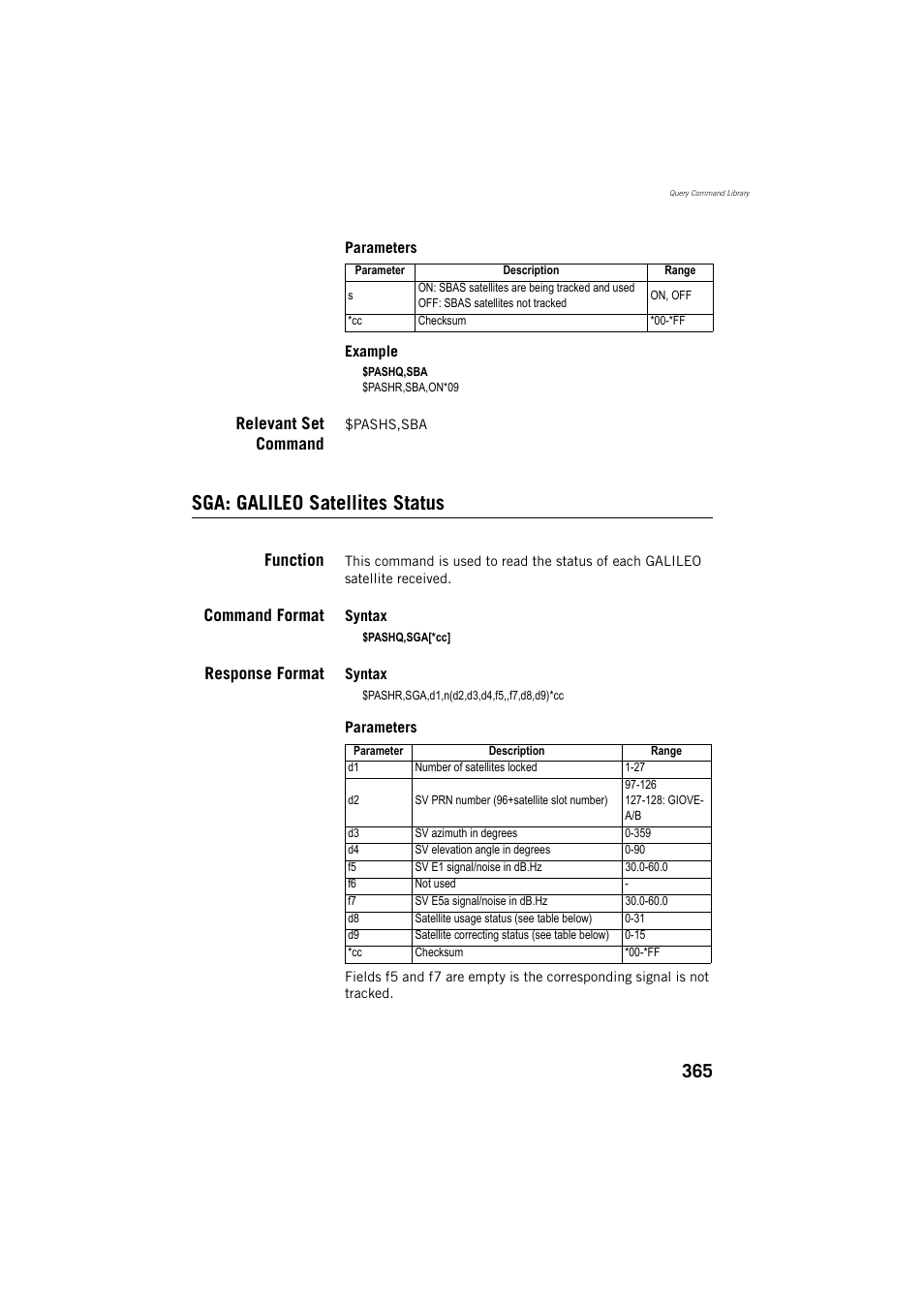 Sga: galileo satellites status, Relevant set command, Function | Command format, Response format | Spectra Precision ProMark 800 Reference Manual User Manual | Page 377 / 428