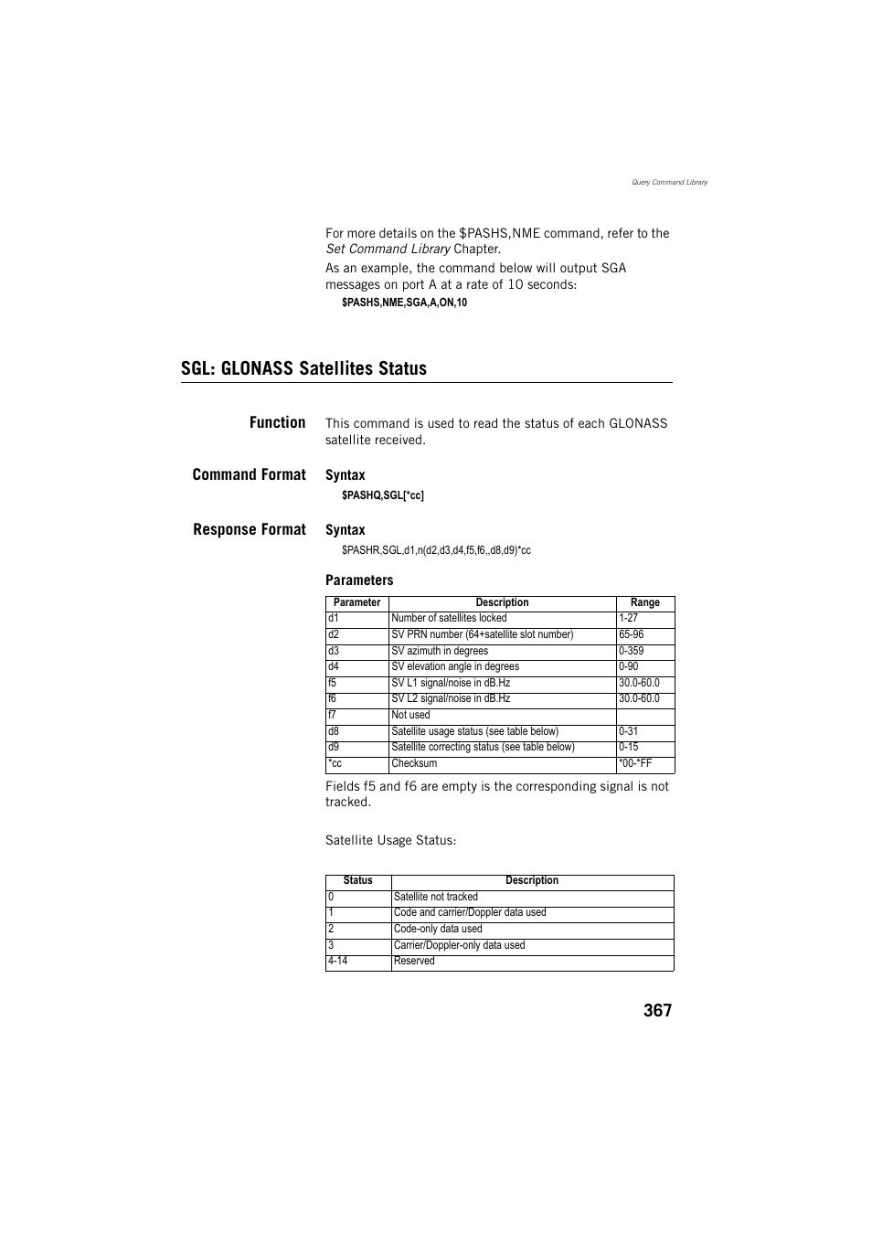 Sgl: glonass satellites status, Function, Command format | Response format | Spectra Precision ProMark 800 Reference Manual User Manual | Page 379 / 428