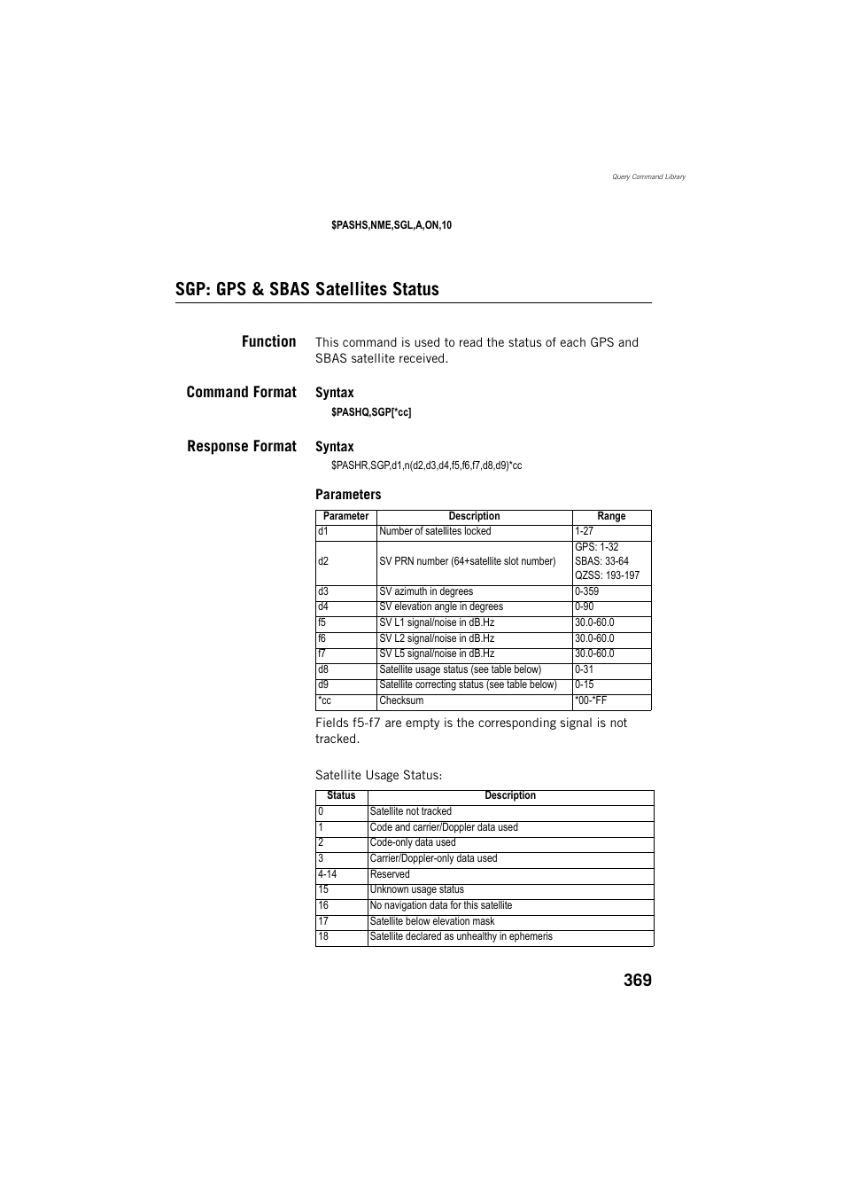 Sgp: gps & sbas satellites status, Function, Command format | Response format | Spectra Precision ProMark 800 Reference Manual User Manual | Page 381 / 428