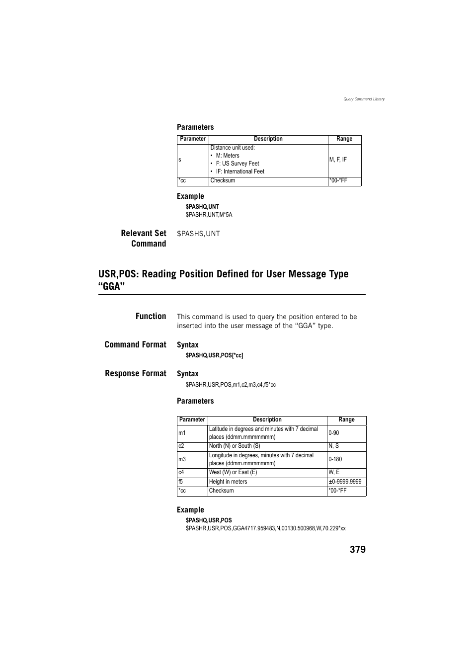 Relevant set command, Function, Command format | Response format | Spectra Precision ProMark 800 Reference Manual User Manual | Page 391 / 428