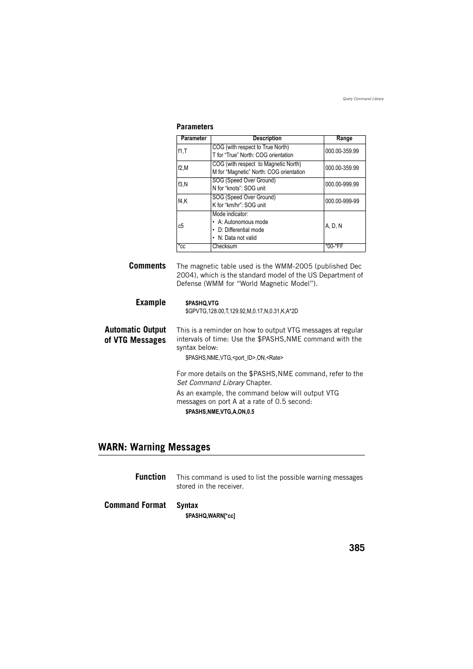 Warn: warning messages, Comments, Example | Automatic output of vtg messages, Function, Command format | Spectra Precision ProMark 800 Reference Manual User Manual | Page 397 / 428