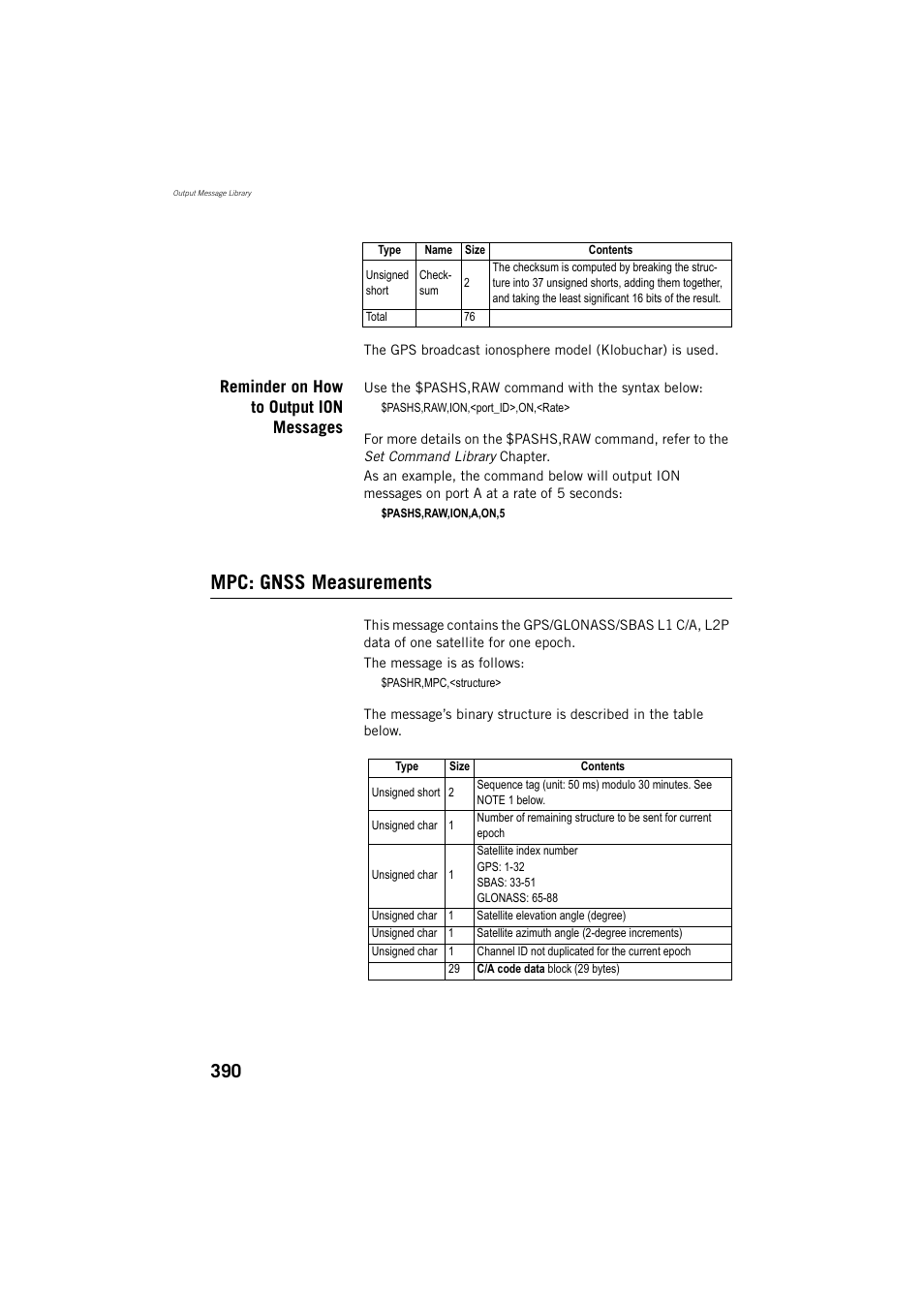 Mpc: gnss measurements, Reminder on how to output ion messages | Spectra Precision ProMark 800 Reference Manual User Manual | Page 402 / 428