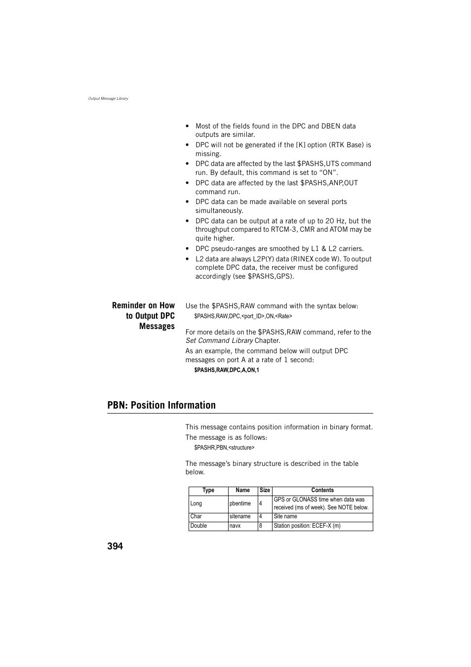 Pbn: position information, Reminder on how to output dpc messages | Spectra Precision ProMark 800 Reference Manual User Manual | Page 406 / 428