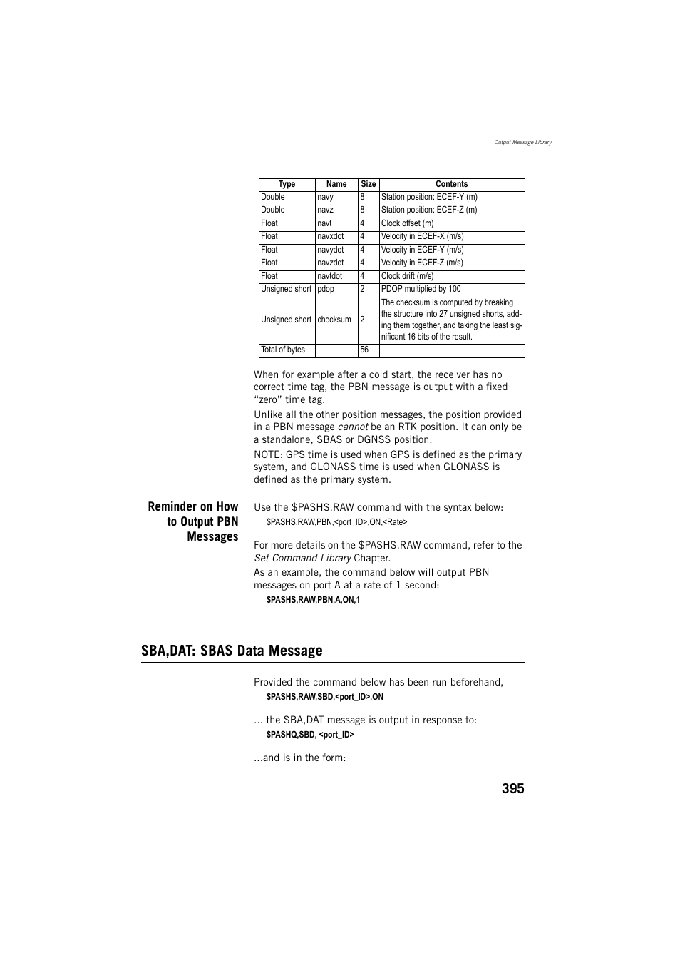 Sba,dat: sbas data message, Reminder on how to output pbn messages | Spectra Precision ProMark 800 Reference Manual User Manual | Page 407 / 428