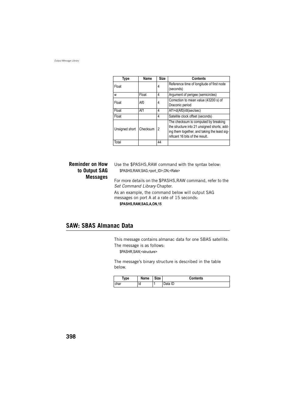 Saw: sbas almanac data, Reminder on how to output sag messages | Spectra Precision ProMark 800 Reference Manual User Manual | Page 410 / 428