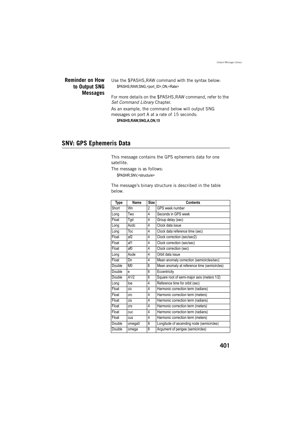 Snv: gps ephemeris data, Reminder on how to output sng messages | Spectra Precision ProMark 800 Reference Manual User Manual | Page 413 / 428