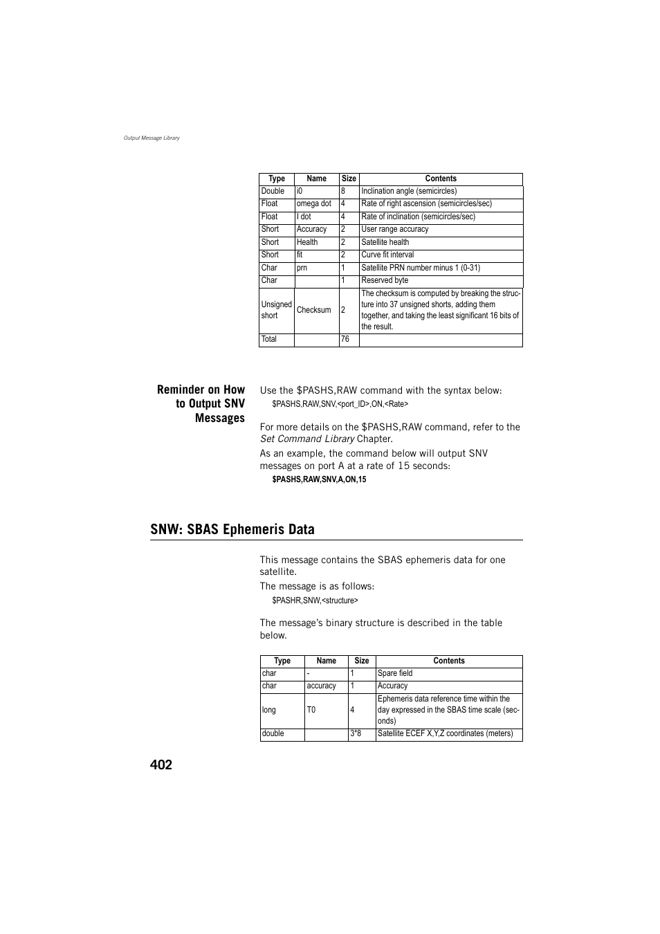 Snw: sbas ephemeris data, Reminder on how to output snv messages | Spectra Precision ProMark 800 Reference Manual User Manual | Page 414 / 428