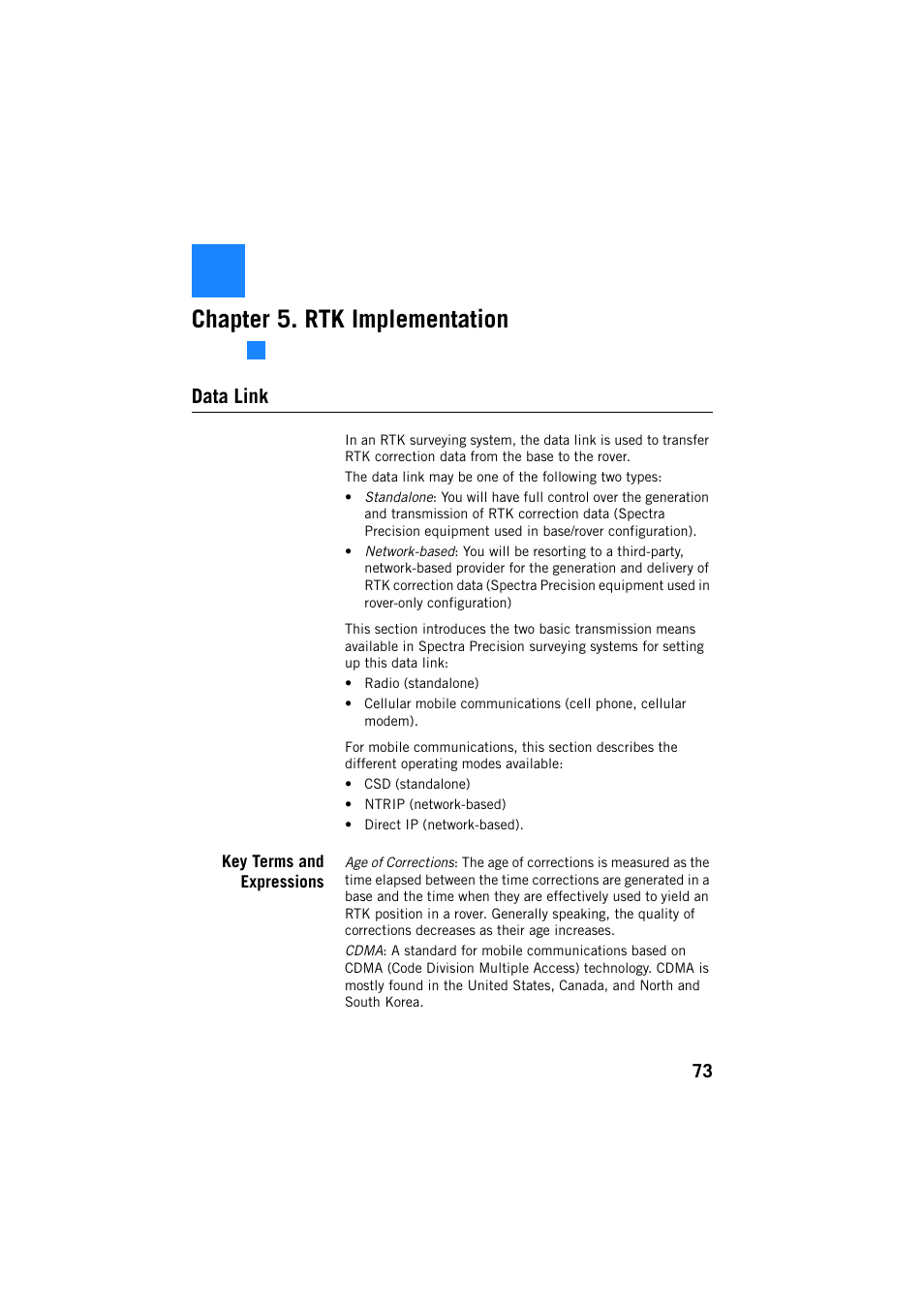 Chapter 5. rtk implementation, Data link | Spectra Precision ProMark 800 Reference Manual User Manual | Page 85 / 428