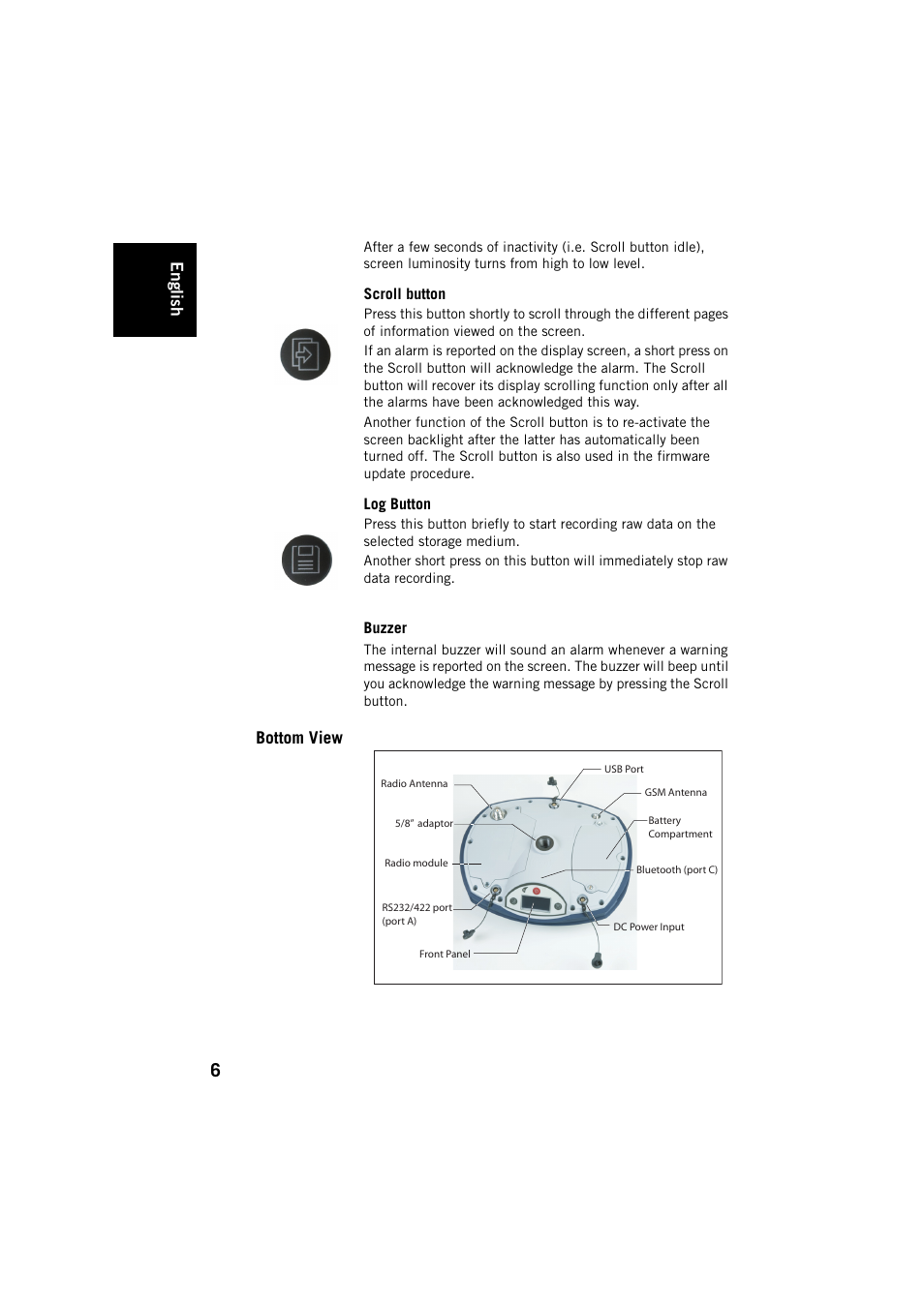 Scroll button, Log button, Buzzer | Bottom view, English | Spectra Precision ProMark 800 User Manual | Page 10 / 30