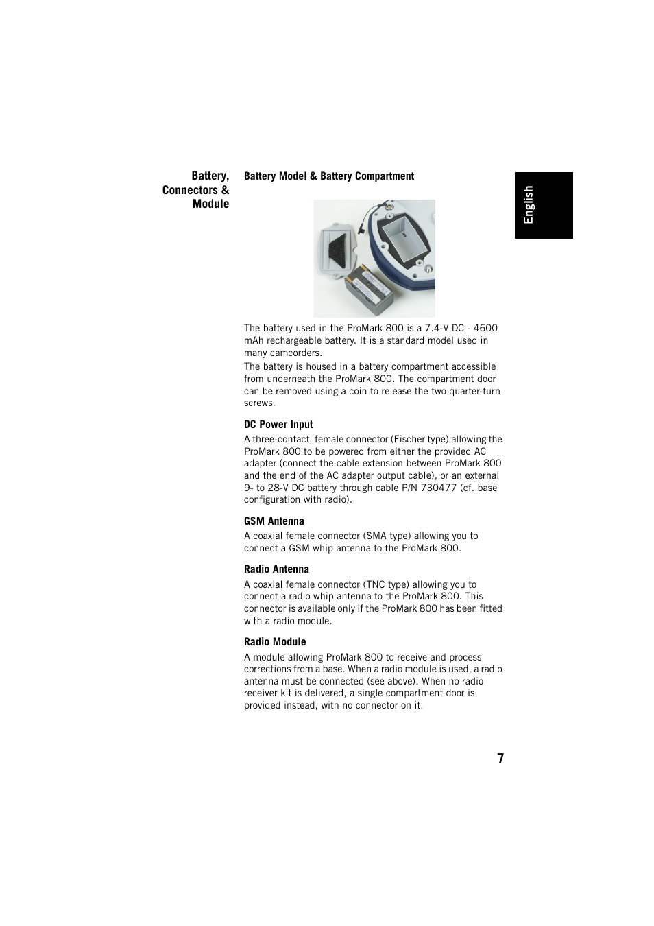 Battery, connectors & module, Battery model & battery compartment, Dc power input | Gsm antenna, Radio antenna, Radio module | Spectra Precision ProMark 800 User Manual | Page 11 / 30