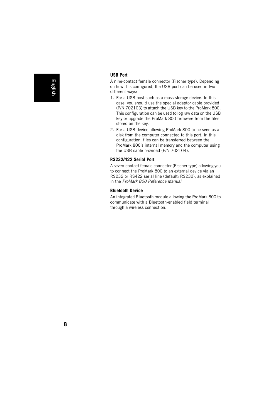 Usb port, Rs232/422 serial port, Bluetooth device | Spectra Precision ProMark 800 User Manual | Page 12 / 30
