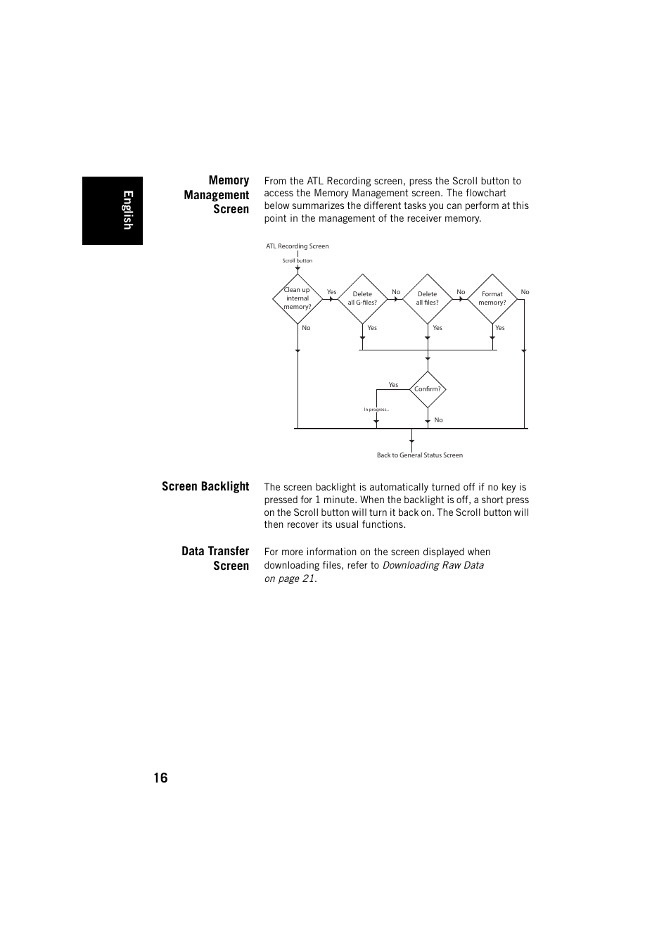 Memory management screen, Screen backlight, Data transfer screen | English | Spectra Precision ProMark 800 User Manual | Page 20 / 30