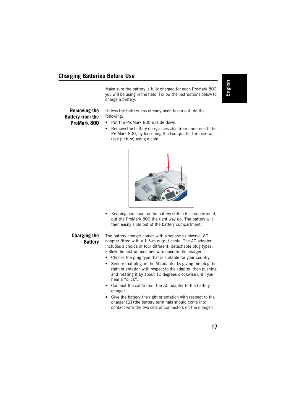 Charging batteries before use, Removing the battery from the promark 800, Charging the battery | Spectra Precision ProMark 800 User Manual | Page 21 / 30