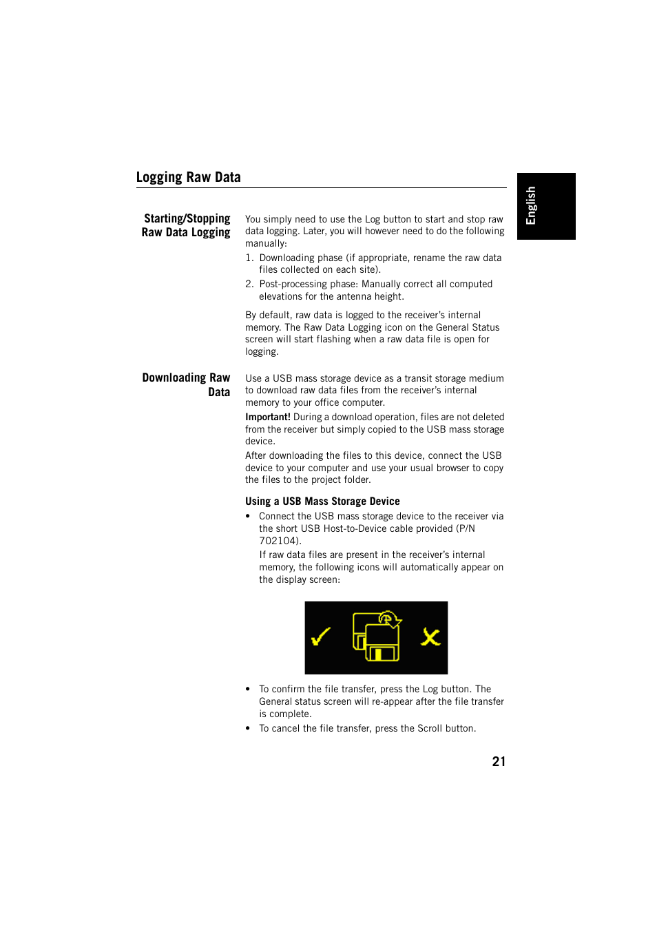Logging raw data, Starting/stopping raw data logging, Downloading raw data | Using a usb mass storage device | Spectra Precision ProMark 800 User Manual | Page 25 / 30