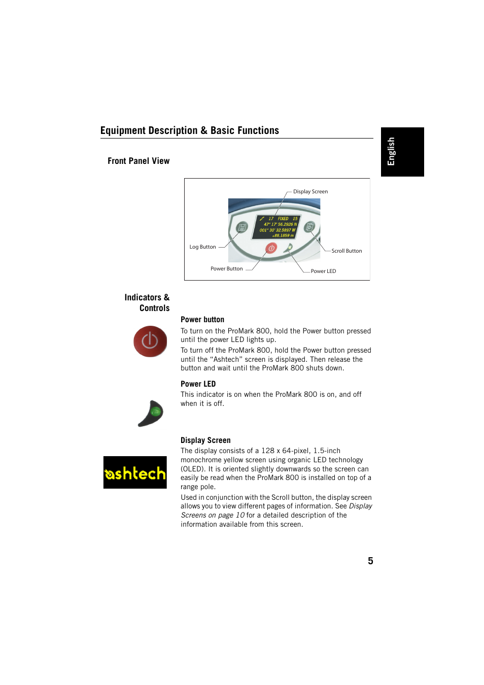 Equipment description & basic functions, Front panel view, Indicators & controls | Power button, Power led, Display screen, Front panel view indicators & controls | Spectra Precision ProMark 800 User Manual | Page 9 / 30