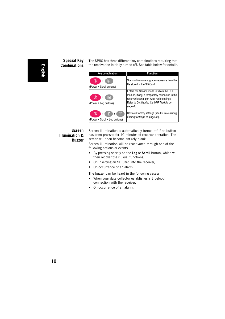 Special key combinations, Screen illumination & buzzer | Spectra Precision SP80 User Manual | Page 16 / 68