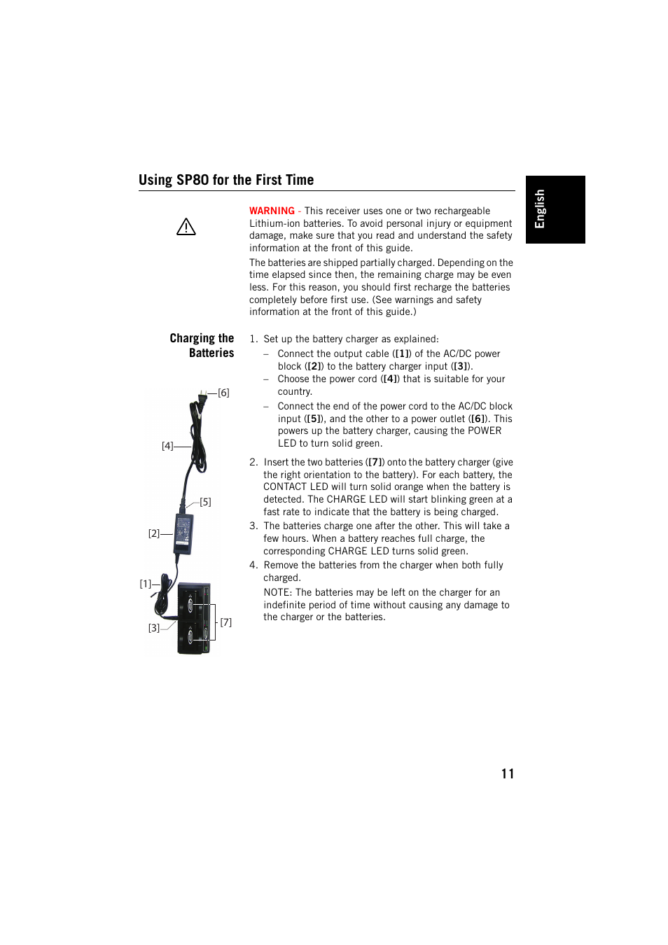Using sp80 for the first time, Charging the batteries | Spectra Precision SP80 User Manual | Page 17 / 68