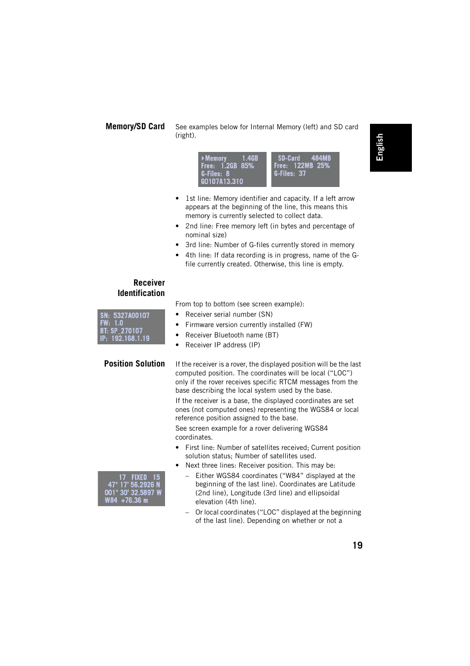 Memory/sd card, Receiver identification, Position solution | Spectra Precision SP80 User Manual | Page 25 / 68