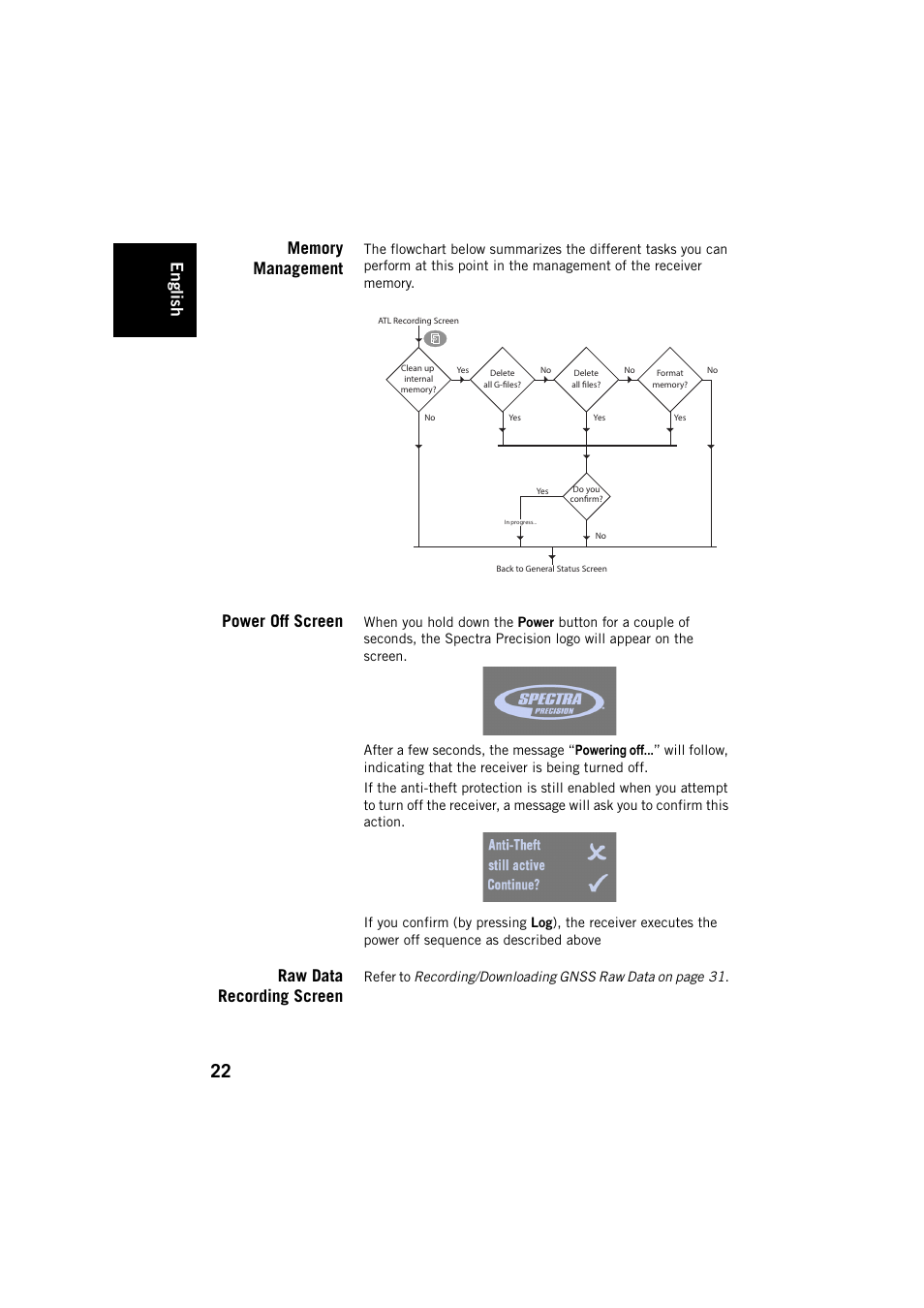 Memory management, Power off screen, Raw data recording screen | English | Spectra Precision SP80 User Manual | Page 28 / 68