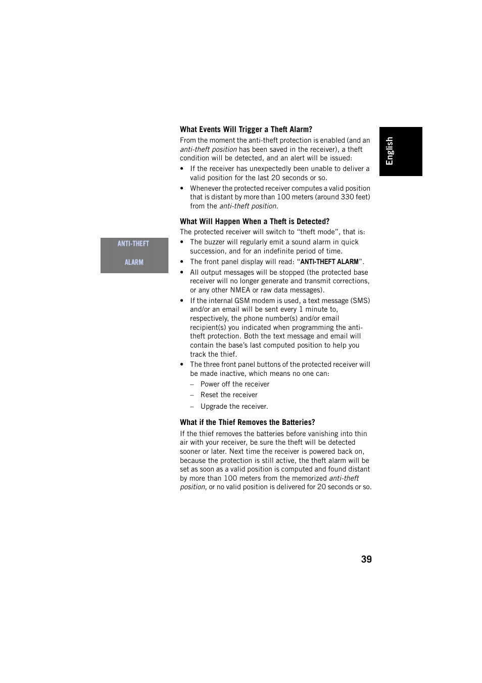 What events will trigger a theft alarm, What will happen when a theft is detected, What if the thief removes the batteries | Spectra Precision SP80 User Manual | Page 45 / 68
