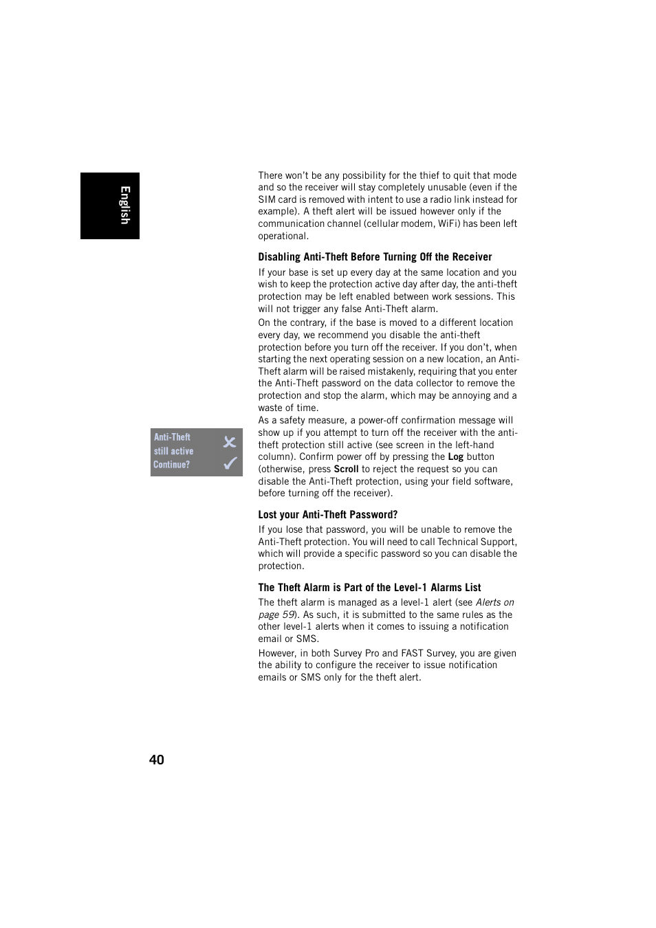 Lost your anti-theft password, The theft alarm is part of the level-1 alarms list | Spectra Precision SP80 User Manual | Page 46 / 68