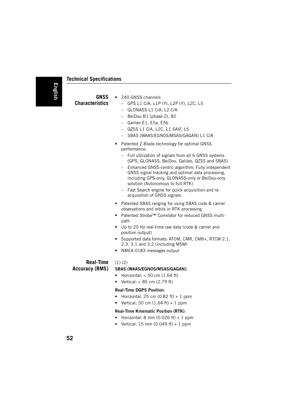 Technical specifications, Gnss characteristics, Real-time accuracy (rms) | Gnss characteristics real-time accuracy (rms) | Spectra Precision SP80 User Manual | Page 58 / 68