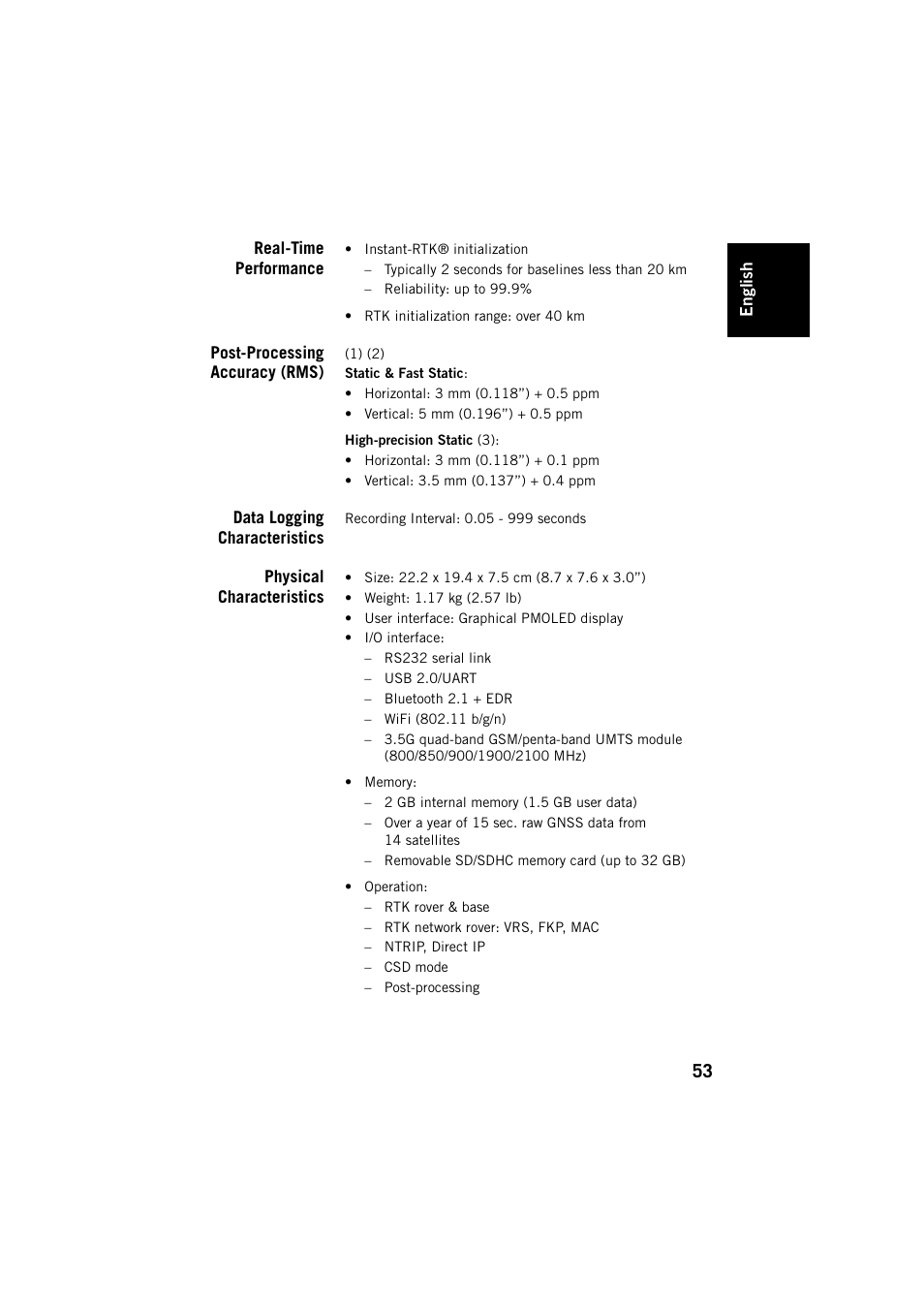 Real-time performance, Post-processing accuracy (rms), Data logging characteristics | Physical characteristics | Spectra Precision SP80 User Manual | Page 59 / 68