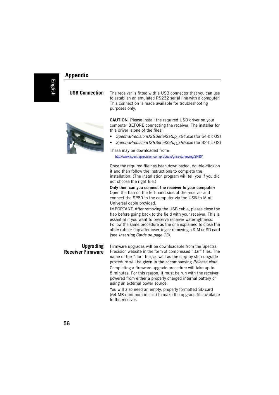 Appendix, Usb connection, Upgrading receiver firmware | Usb connection upgrading receiver firmware | Spectra Precision SP80 User Manual | Page 62 / 68