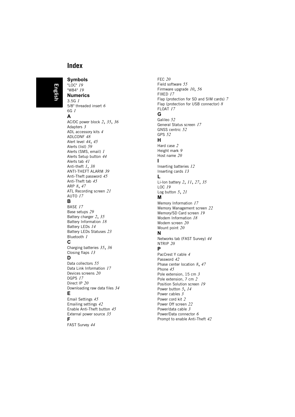 Index | Spectra Precision SP80 User Manual | Page 66 / 68