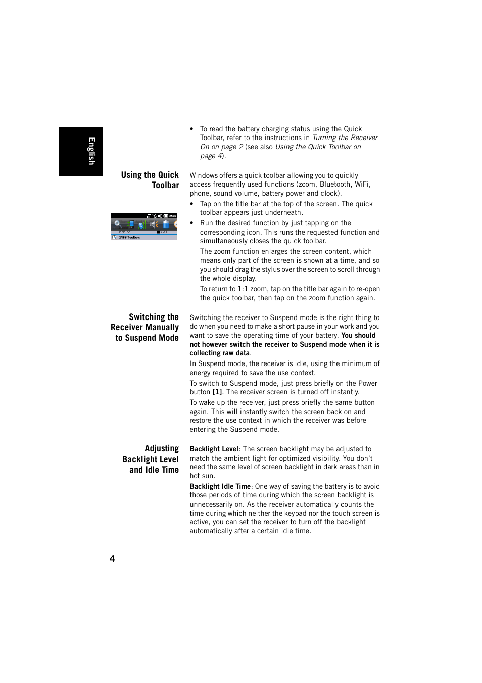 Using the quick toolbar, Switching the receiver manually to suspend mode, Adjusting backlight level and idle time | Adjusting backlight | Spectra Precision MobileMapper 20 User Manual | Page 10 / 34