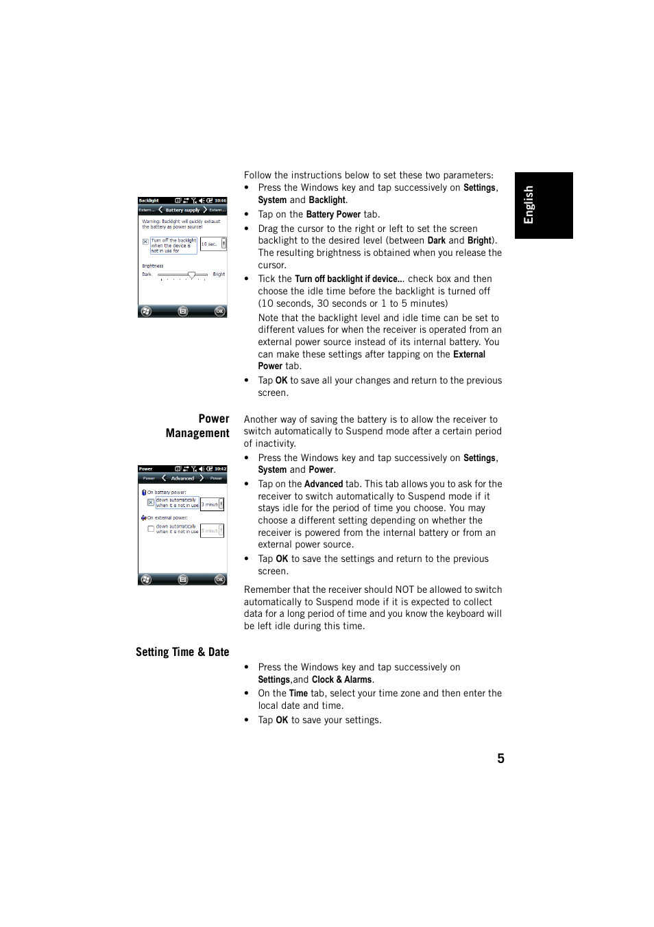 Power management, Setting time & date, Power management setting time & date | Spectra Precision MobileMapper 20 User Manual | Page 11 / 34