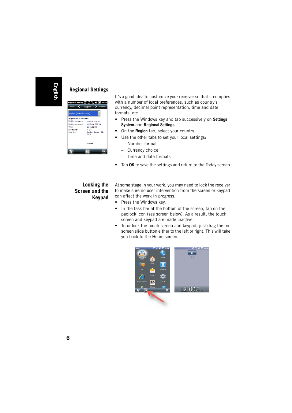 Regional settings, Locking the screen and the keypad | Spectra Precision MobileMapper 20 User Manual | Page 12 / 34