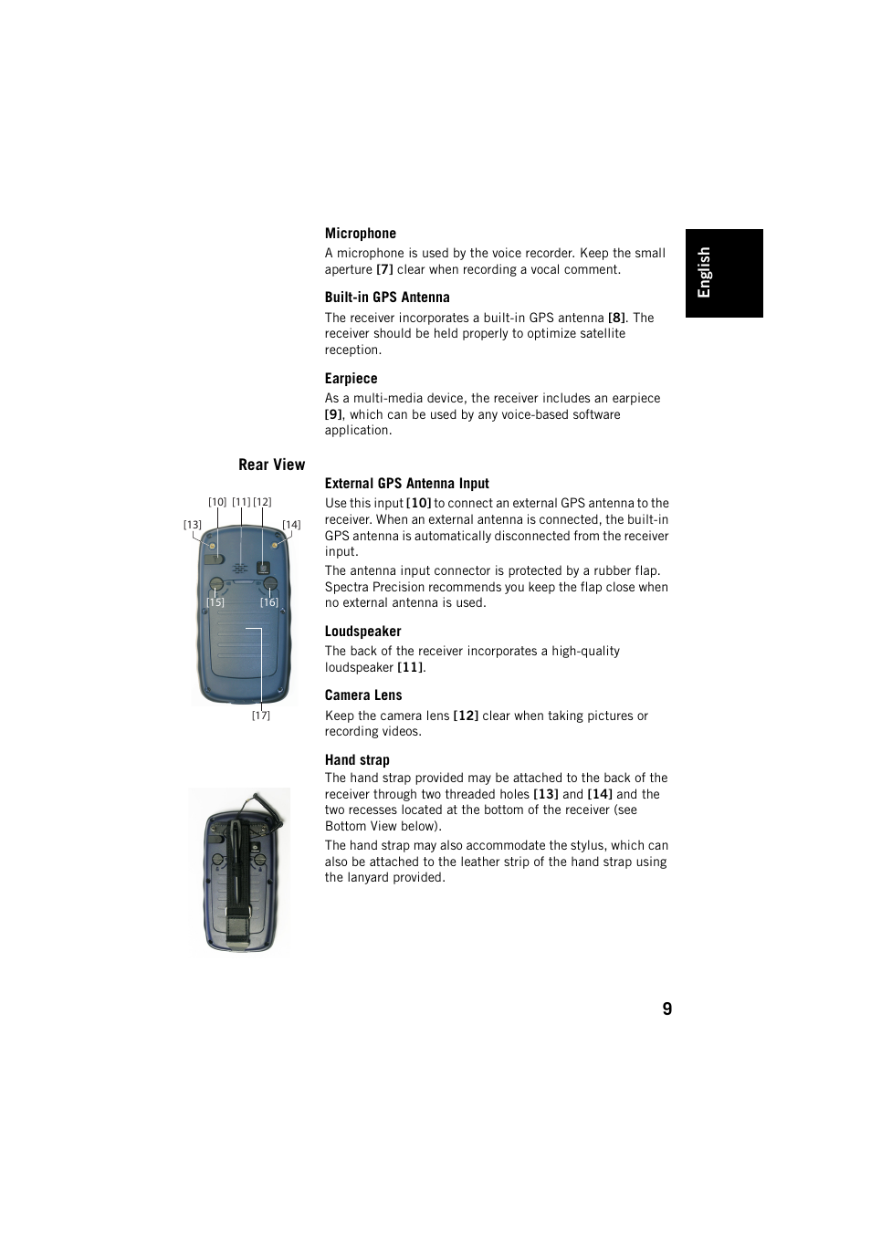 Microphone, Built-in gps antenna, Earpiece | Rear view, External gps antenna input, Loudspeaker, Camera lens, Hand strap | Spectra Precision MobileMapper 20 User Manual | Page 15 / 34
