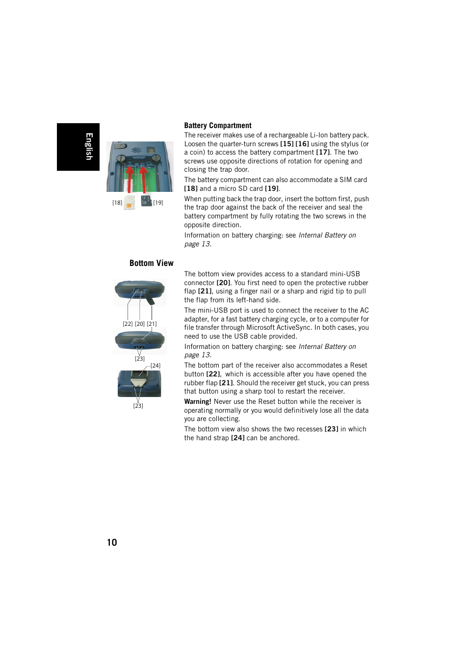 Battery compartment, Bottom view | Spectra Precision MobileMapper 20 User Manual | Page 16 / 34