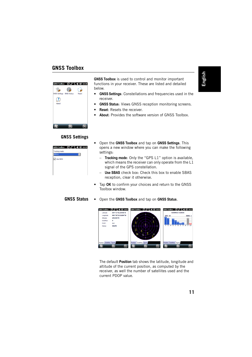 Gnss toolbox, Gnss settings, Gnss status | Gnss settings gnss status | Spectra Precision MobileMapper 20 User Manual | Page 17 / 34