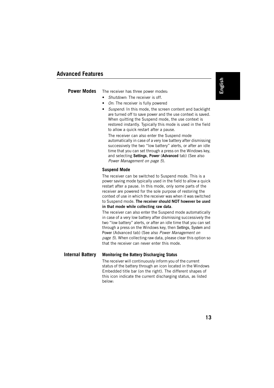 Advanced features, Power modes, Suspend mode | Internal battery, Monitoring the battery discharging status, Power modes internal battery | Spectra Precision MobileMapper 20 User Manual | Page 19 / 34