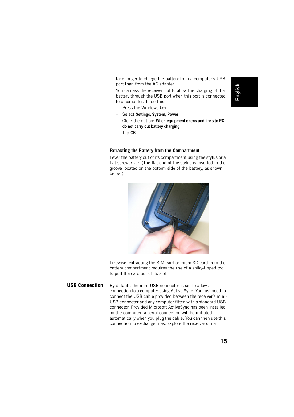 Extracting the battery from the compartment, Usb connection | Spectra Precision MobileMapper 20 User Manual | Page 21 / 34