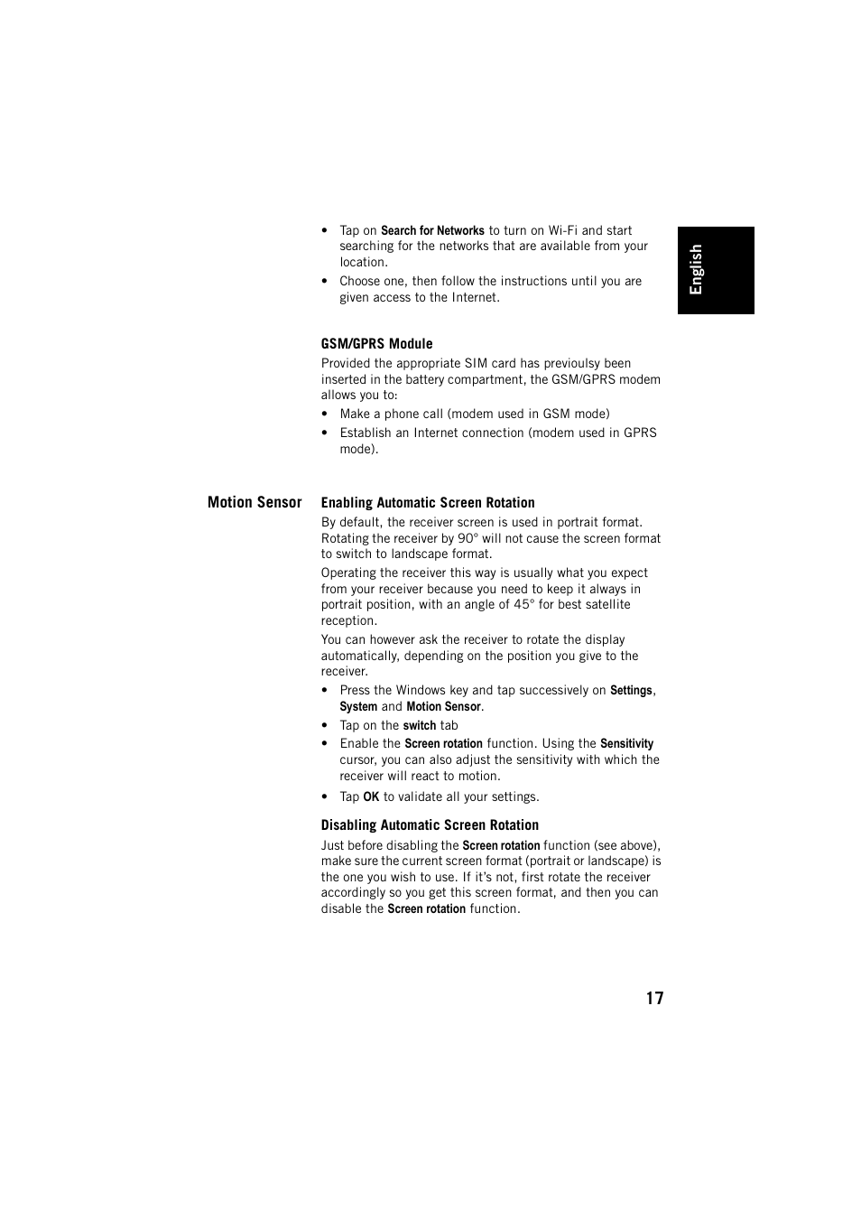 Gsm/gprs module, Motion sensor, Enabling automatic screen rotation | Disabling automatic screen rotation | Spectra Precision MobileMapper 20 User Manual | Page 23 / 34