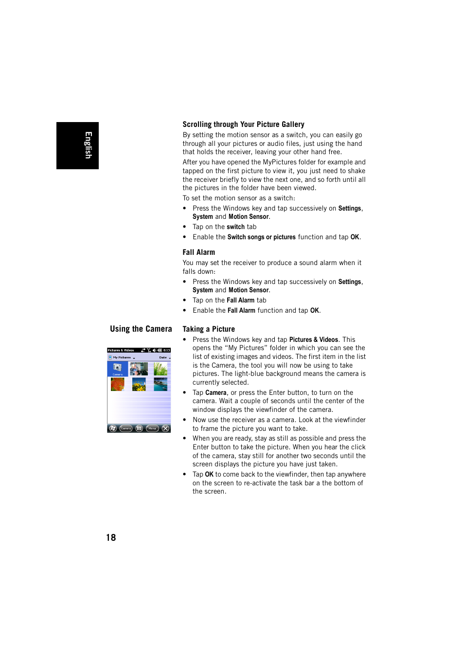Scrolling through your picture gallery, Fall alarm, Using the camera | Taking a picture | Spectra Precision MobileMapper 20 User Manual | Page 24 / 34