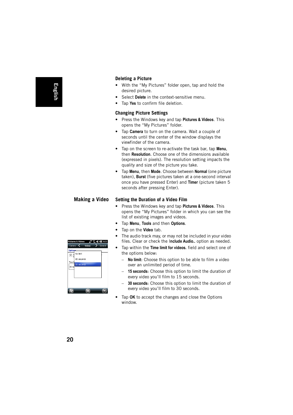 Deleting a picture, Changing picture settings, Making a video | Setting the duration of a video film | Spectra Precision MobileMapper 20 User Manual | Page 26 / 34