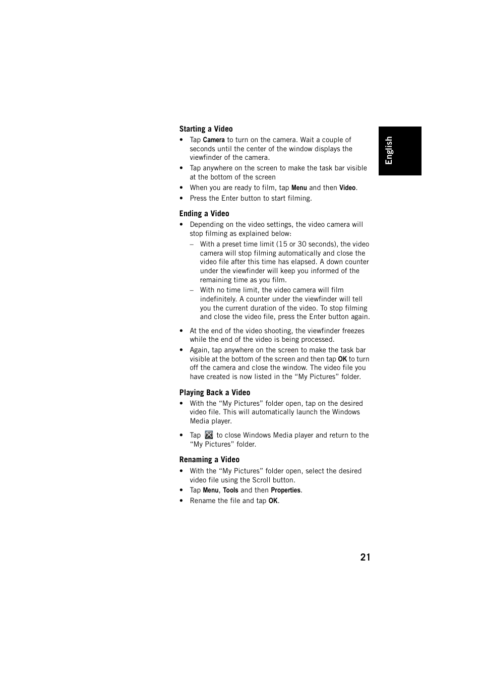 Starting a video, Ending a video, Playing back a video | Renaming a video | Spectra Precision MobileMapper 20 User Manual | Page 27 / 34