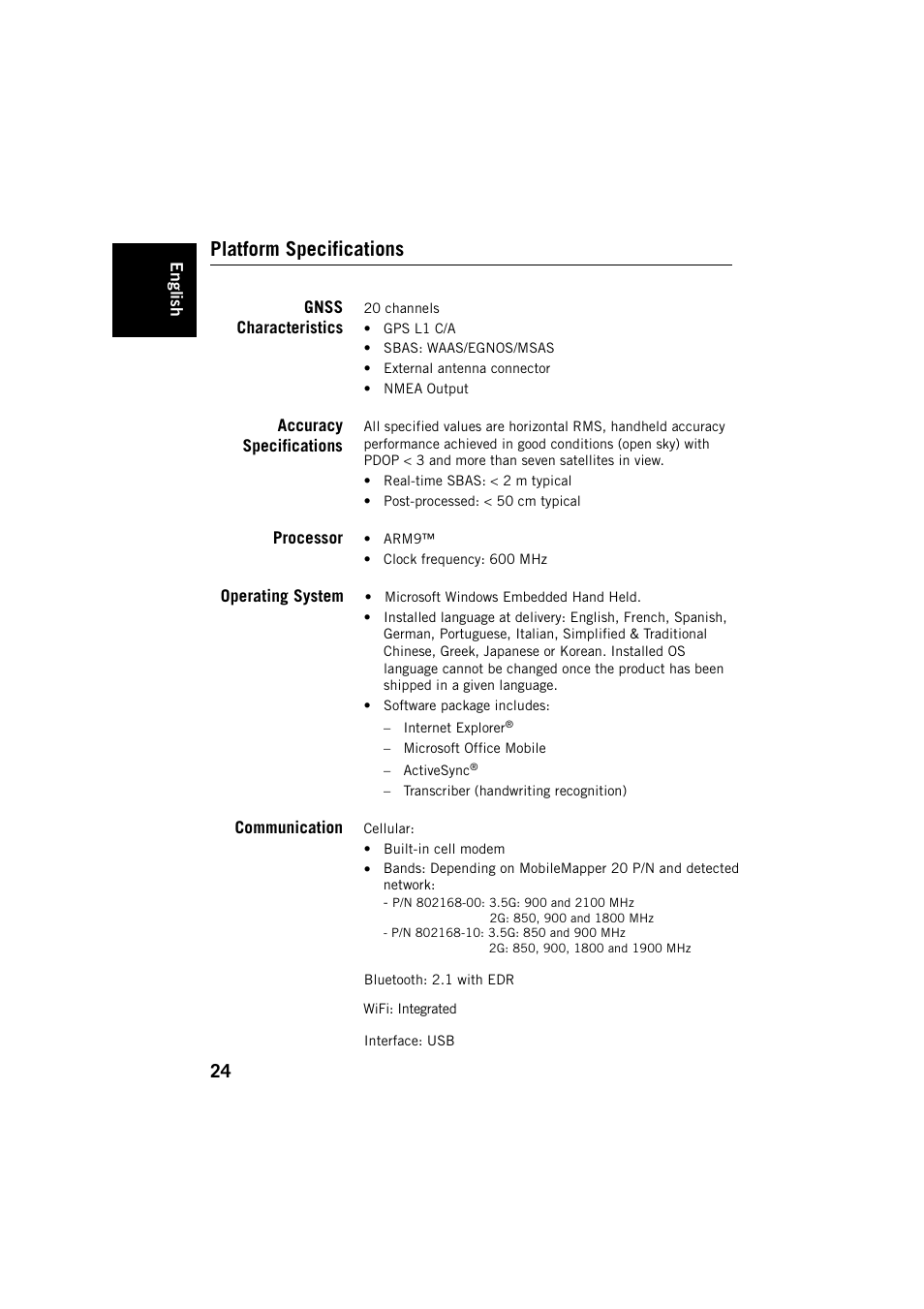 Platform specifications, Gnss characteristics, Accuracy specifications | Processor, Operating system, Communication | Spectra Precision MobileMapper 20 User Manual | Page 30 / 34