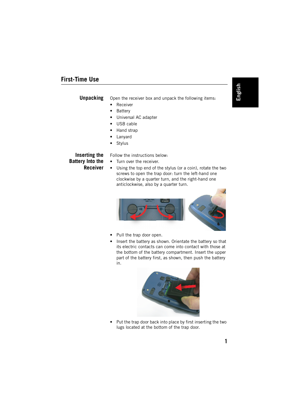 First-time use, Unpacking, Inserting the battery into the receiver | Unpacking inserting the battery into the receiver | Spectra Precision MobileMapper 20 User Manual | Page 7 / 34
