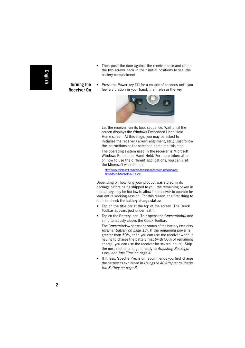 Turning the receiver on | Spectra Precision MobileMapper 20 User Manual | Page 8 / 34