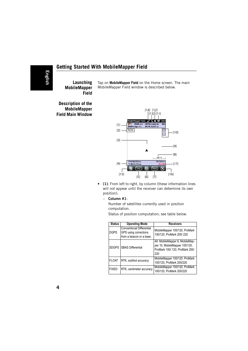 Getting started with mobilemapper field, Launching mobilemapper field, Description of the mobilemapper field main window | English | Spectra Precision MobileMapper Field & Office Software User Manual | Page 12 / 72