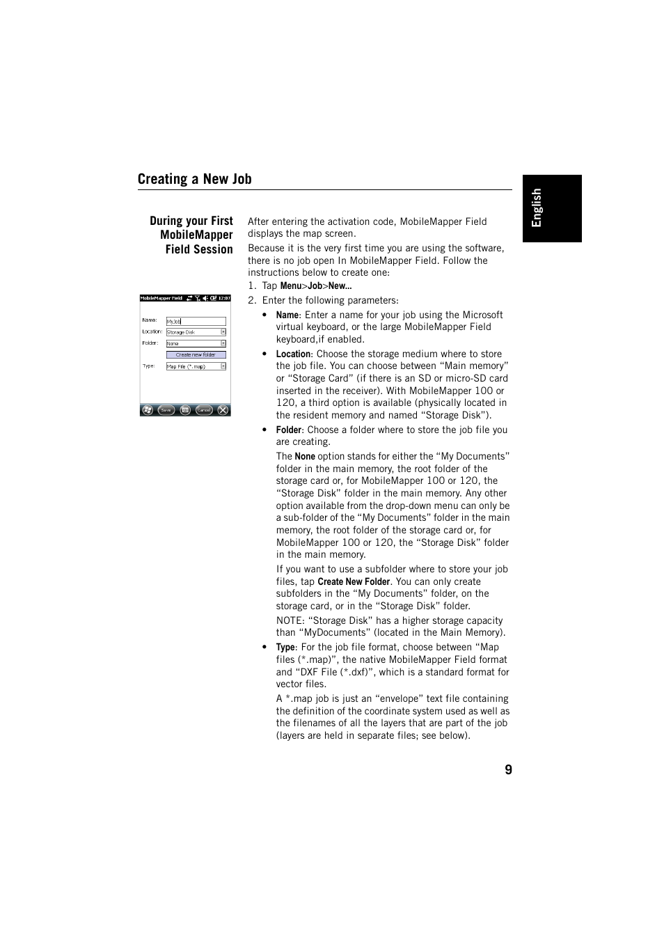Creating a new job, During your first mobilemapper field session | Spectra Precision MobileMapper Field & Office Software User Manual | Page 17 / 72
