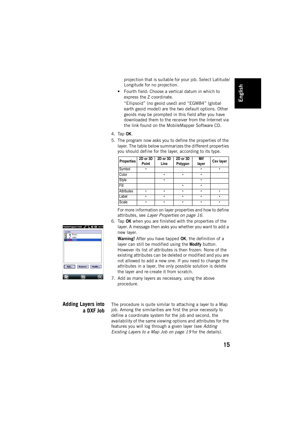 Adding layers into a dxf job, Engl ish | Spectra Precision MobileMapper Field & Office Software User Manual | Page 23 / 72