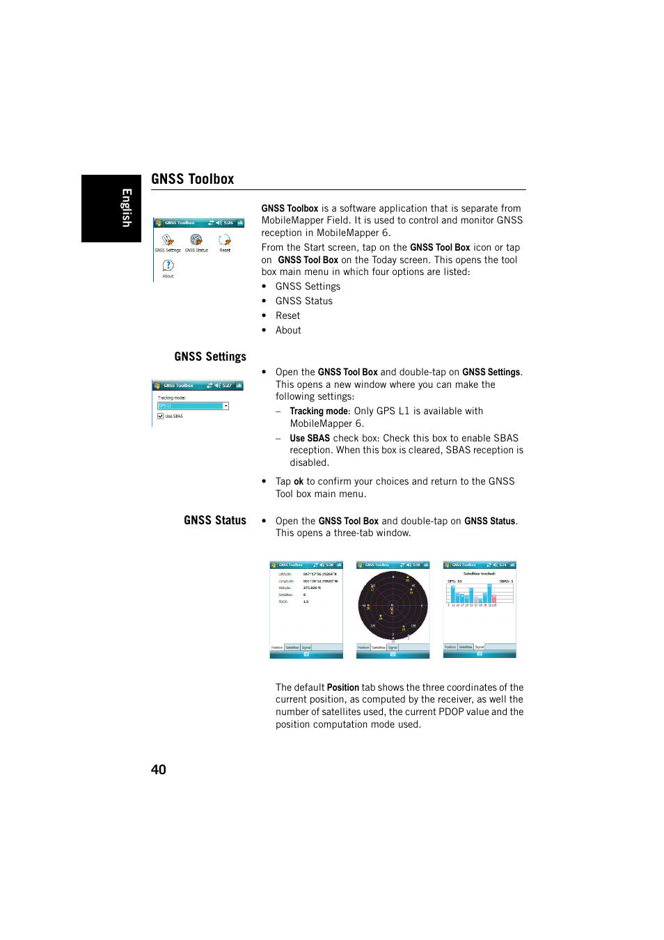 Gnss toolbox, Gnss settings, Gnss status | Gnss settings gnss status | Spectra Precision MobileMapper Field & Office Software User Manual | Page 48 / 72