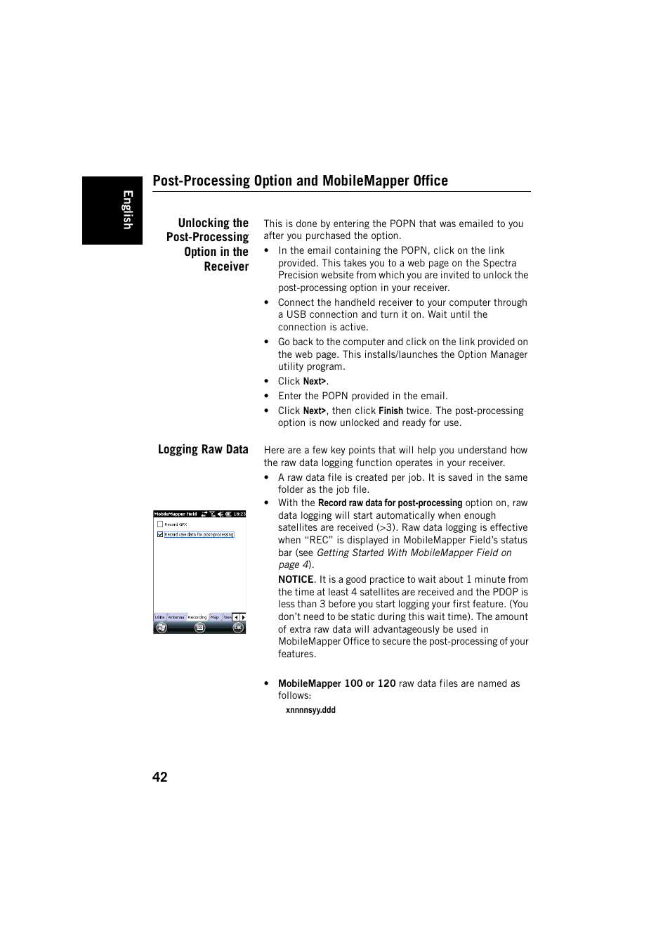 Post-processing option and mobilemapper office, Logging raw data | Spectra Precision MobileMapper Field & Office Software User Manual | Page 50 / 72