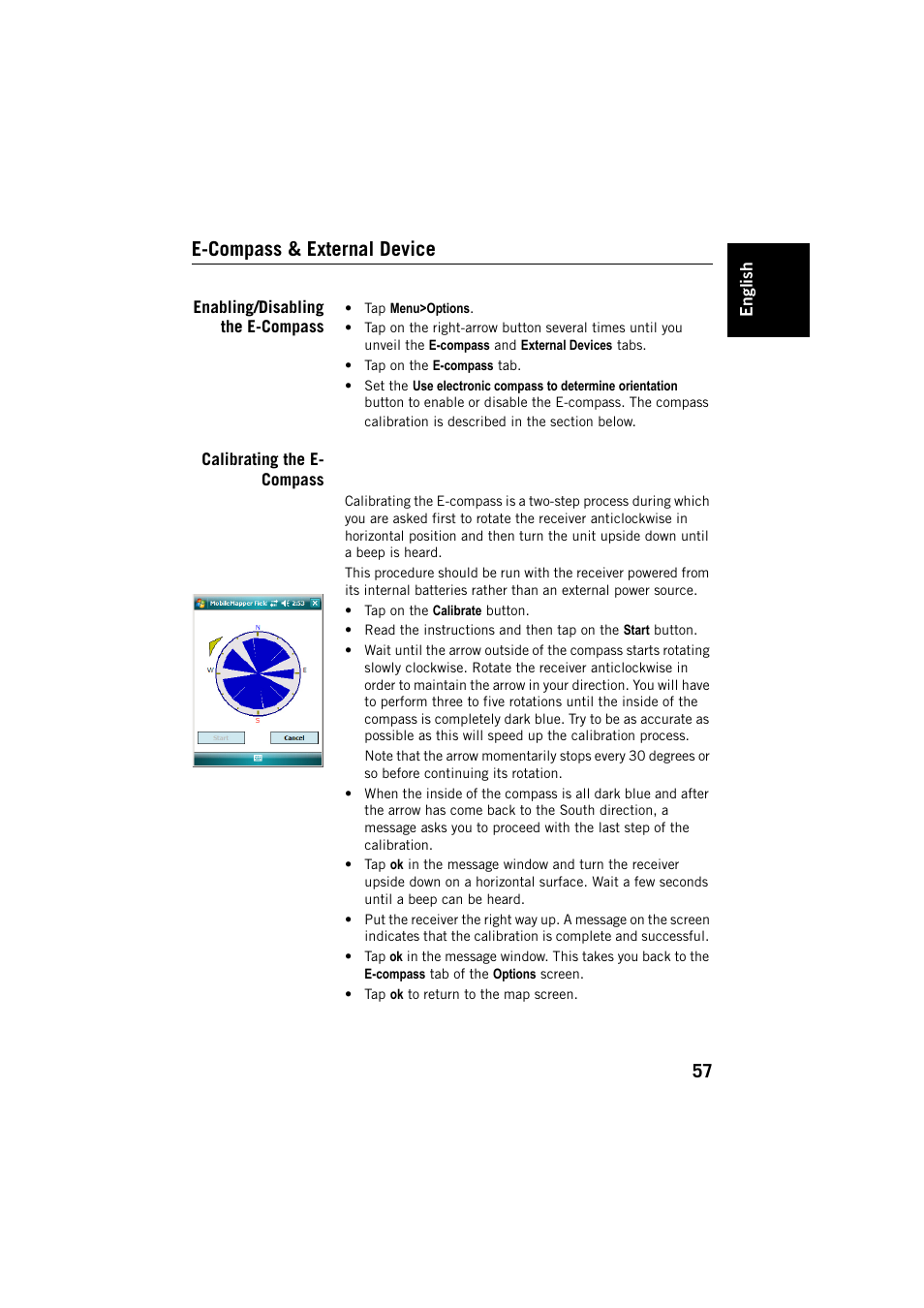 E-compass & external device, Enabling/disabling the e-compass, Calibrating the e- compass | Spectra Precision MobileMapper Field & Office Software User Manual | Page 65 / 72